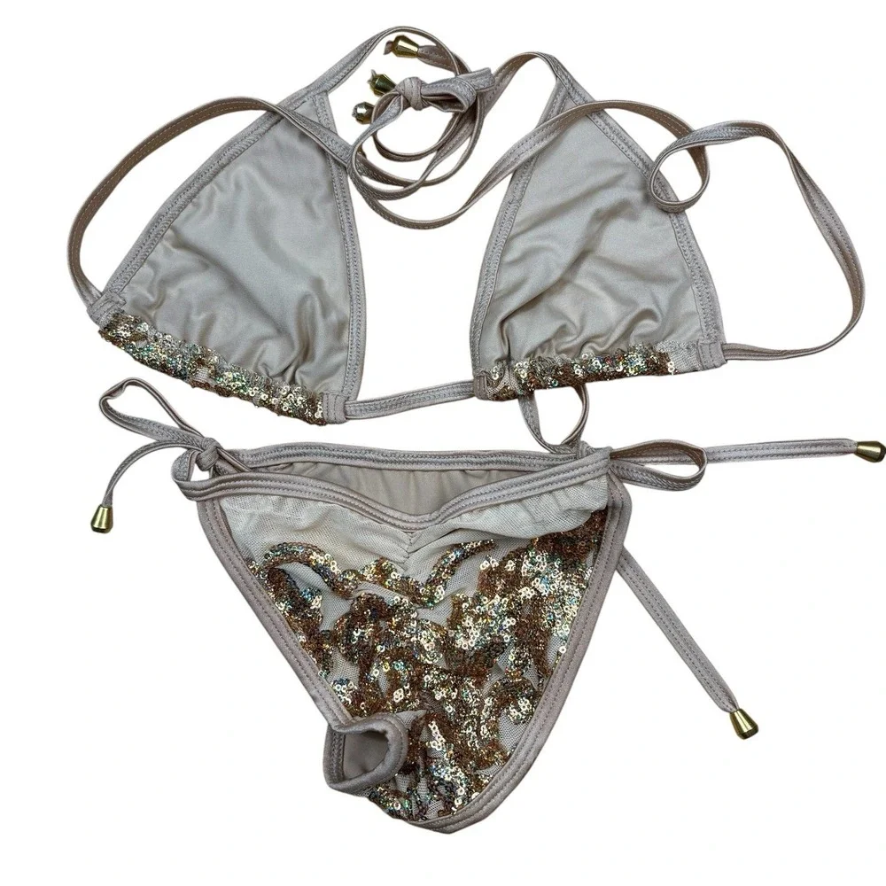 NWT La Costanera Sequin Triangle Bikini Gold Champagne Tie Side